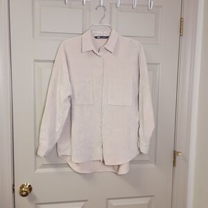 Zara Womens Shacket Shirt Jacket Med Beige Button Front Long Sleeve Corduroy